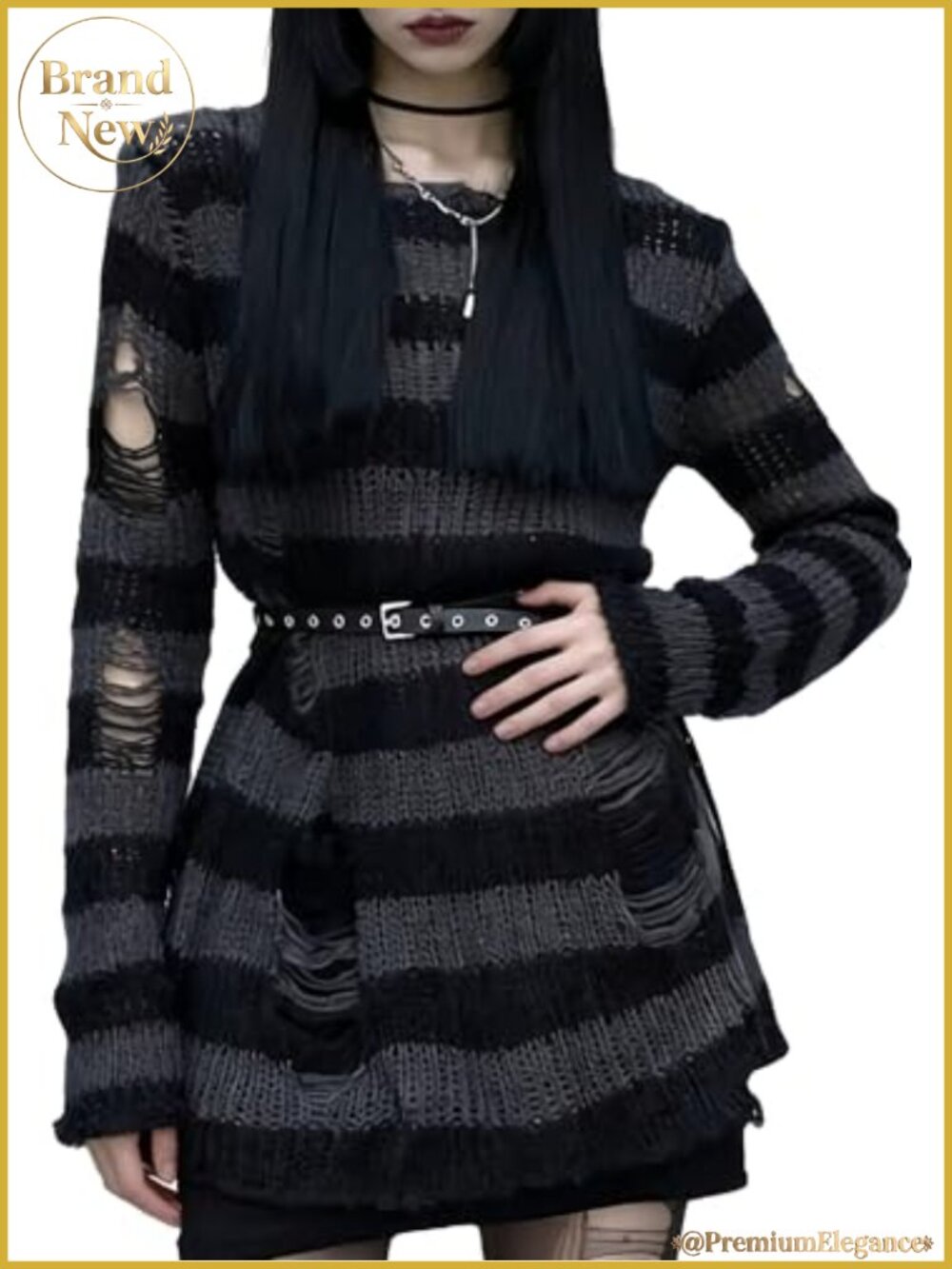 Gothic Striped Pullover Sweater Grunge Y2K Ripped Punk Emo Oversized
